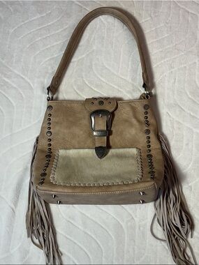 Fringed Taupe Suede Shoulder Bag with Stud Details